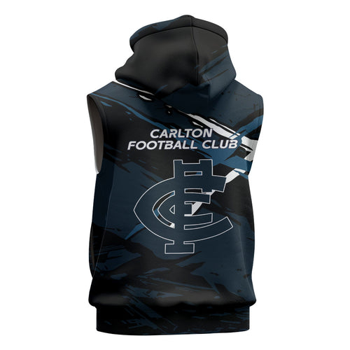 Carlton Football Club Sleeveless Hoodie Blues Muscular Mascot Graphic - Abstract Paint Splatter Art