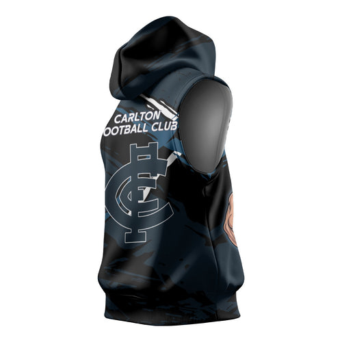 Carlton Football Club Sleeveless Hoodie Blues Muscular Mascot Graphic - Abstract Paint Splatter Art