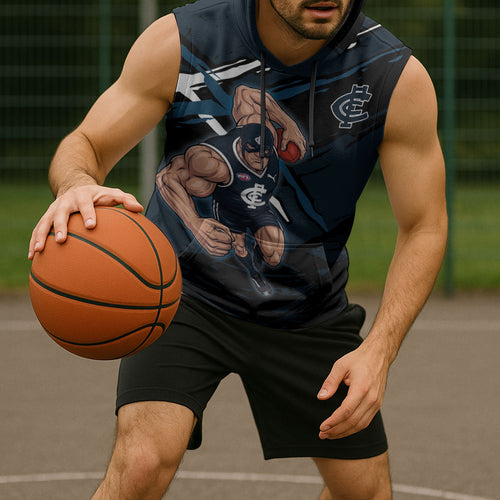 Carlton Football Club Sleeveless Hoodie Blues Muscular Mascot Graphic - Abstract Paint Splatter Art