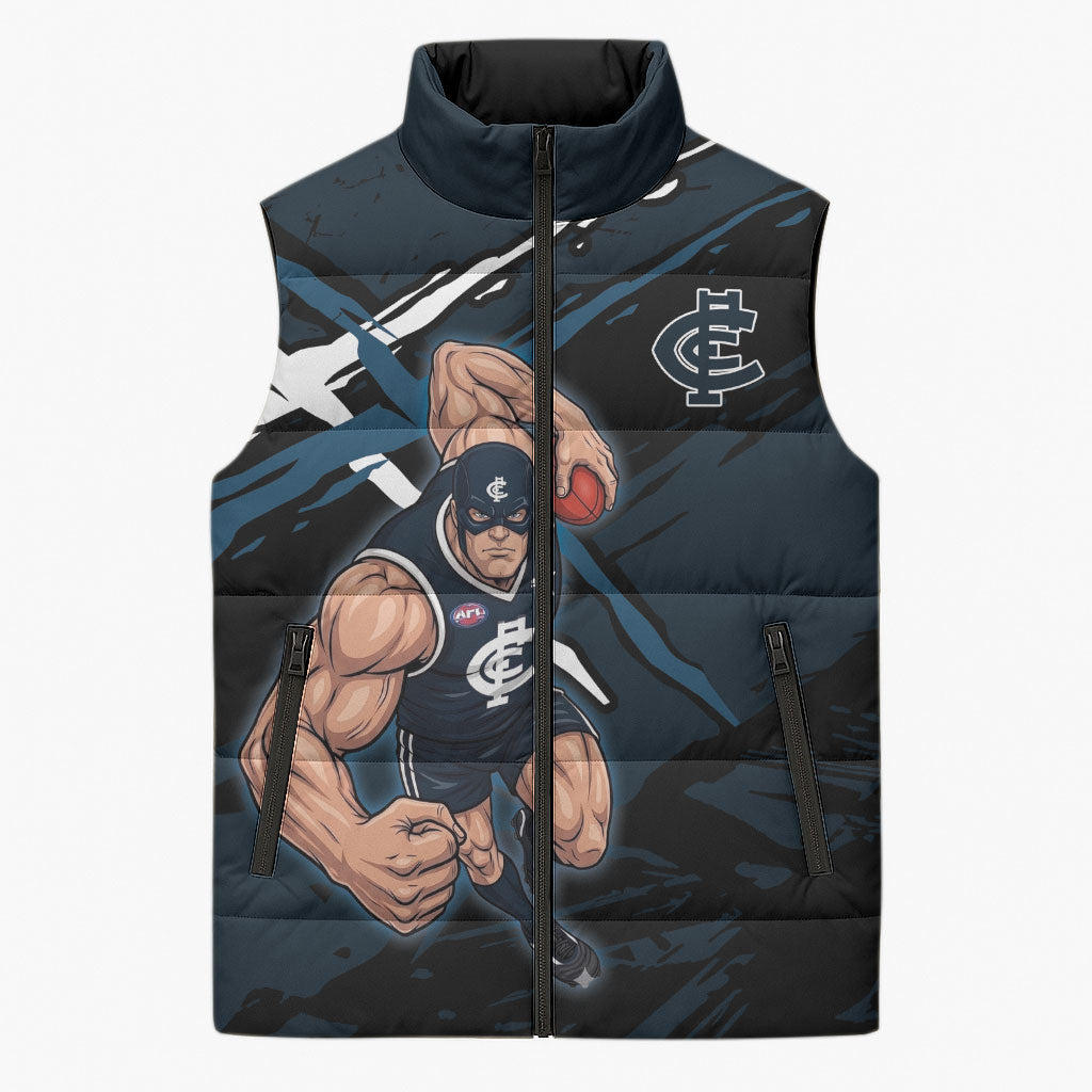 Carlton Football Club Sleeveless Puffer Jacket Blues Muscular Mascot Graphic - Abstract Paint Splatter Art