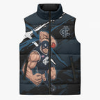 Carlton Football Club Sleeveless Puffer Jacket Blues Muscular Mascot Graphic - Abstract Paint Splatter Art