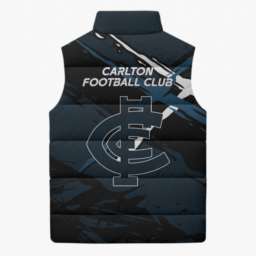 Carlton Football Club Sleeveless Puffer Jacket Blues Muscular Mascot Graphic - Abstract Paint Splatter Art