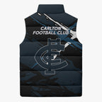 Carlton Football Club Sleeveless Puffer Jacket Blues Muscular Mascot Graphic - Abstract Paint Splatter Art