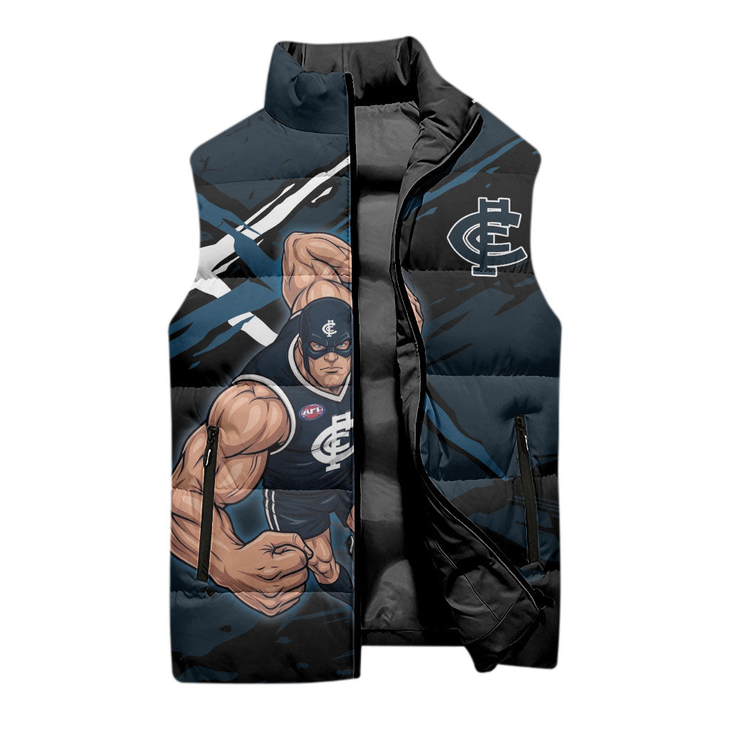 Carlton Football Club Sleeveless Puffer Jacket Blues Muscular Mascot Graphic - Abstract Paint Splatter Art