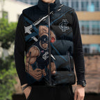 Carlton Football Club Sleeveless Puffer Jacket Blues Muscular Mascot Graphic - Abstract Paint Splatter Art