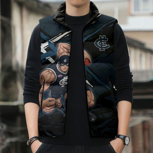 Carlton Football Club Sleeveless Puffer Jacket Blues Muscular Mascot Graphic - Abstract Paint Splatter Art