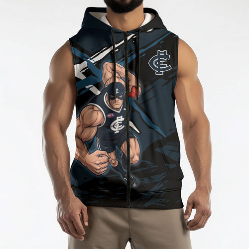 Carlton Football Club Sleeveless Zip Hoodie Blues Muscular Mascot Graphic - Abstract Paint Splatter Art