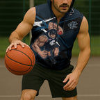 Carlton Football Club Sleeveless Zip Hoodie Blues Muscular Mascot Graphic - Abstract Paint Splatter Art