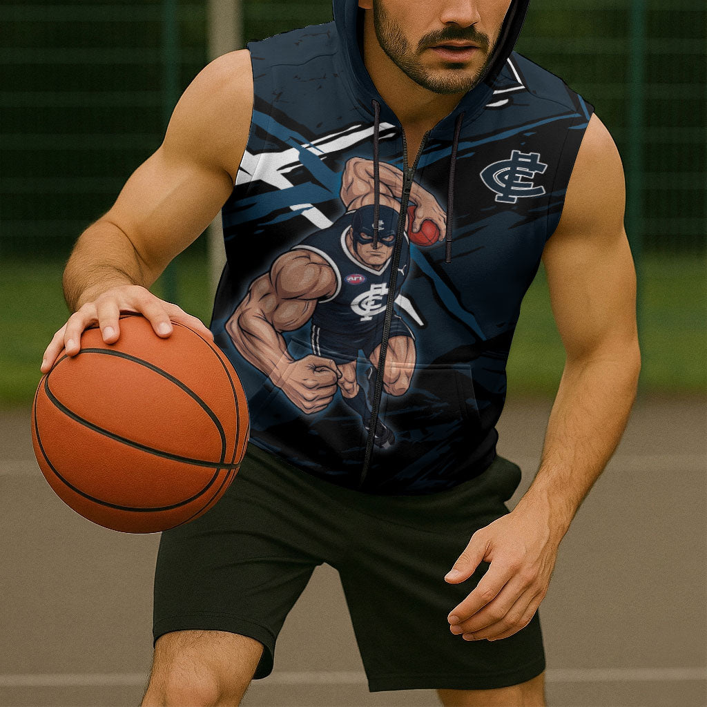 Carlton Football Club Sleeveless Zip Hoodie Blues Muscular Mascot Graphic - Abstract Paint Splatter Art