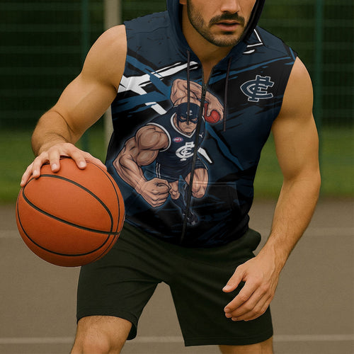 Carlton Football Club Sleeveless Zip Hoodie Blues Muscular Mascot Graphic - Abstract Paint Splatter Art
