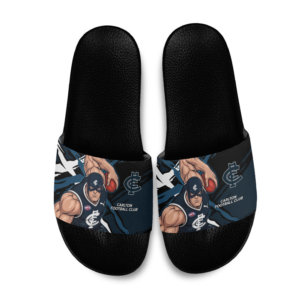Carlton Football Club Slide Sandals Blues Muscular Mascot Graphic - Abstract Paint Splatter Art