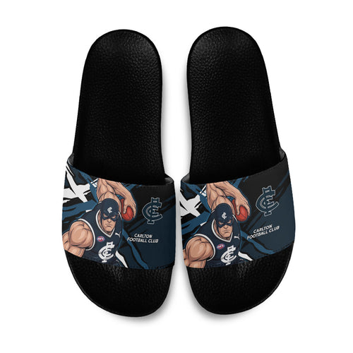 Carlton Football Club Slide Sandals Blues Muscular Mascot Graphic - Abstract Paint Splatter Art