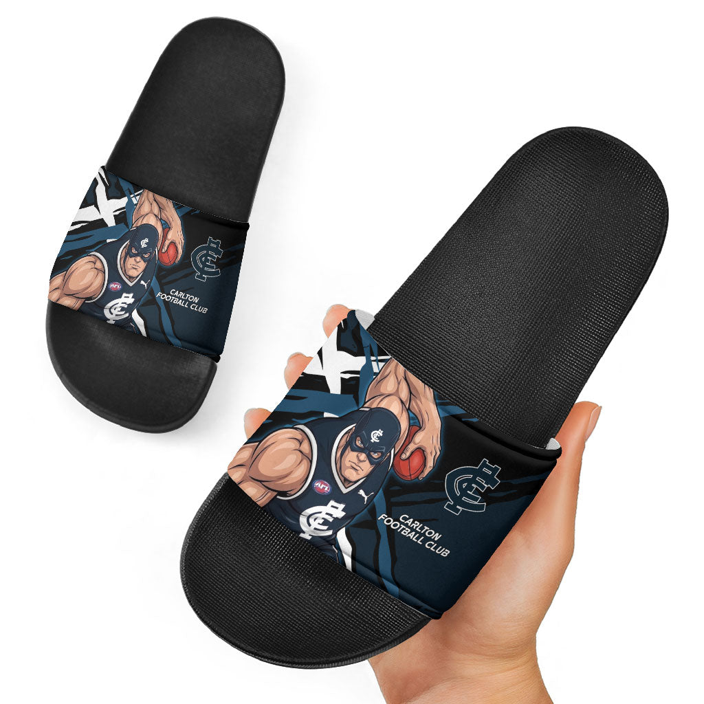 Carlton Football Club Slide Sandals Blues Muscular Mascot Graphic - Abstract Paint Splatter Art