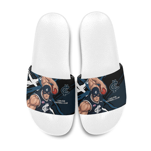 Carlton Football Club Slide Sandals Blues Muscular Mascot Graphic - Abstract Paint Splatter Art