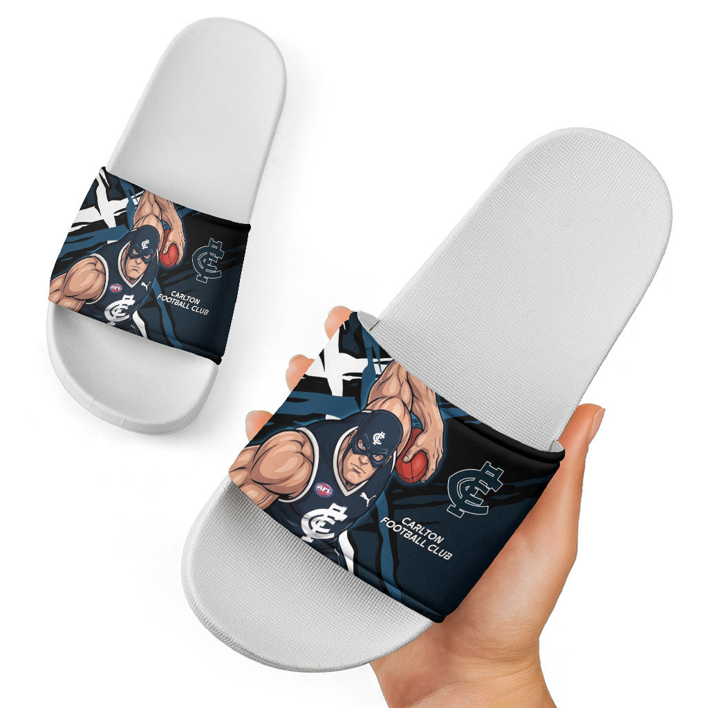 Carlton Football Club Slide Sandals Blues Muscular Mascot Graphic - Abstract Paint Splatter Art