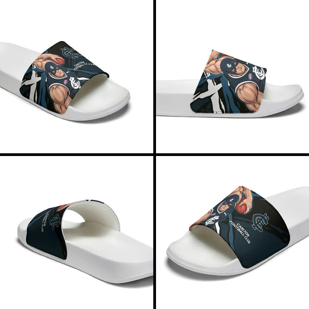 Carlton Football Club Slide Sandals Blues Muscular Mascot Graphic - Abstract Paint Splatter Art