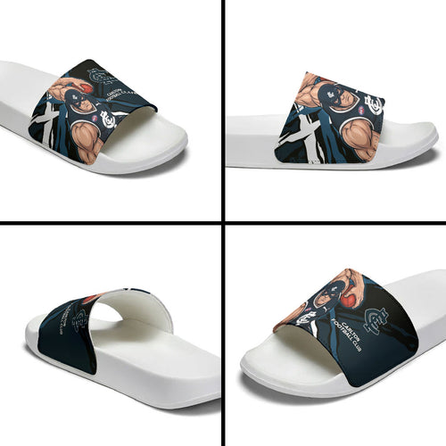 Carlton Football Club Slide Sandals Blues Muscular Mascot Graphic - Abstract Paint Splatter Art