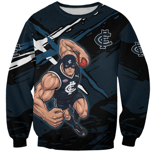 Carlton Football Club Sweatshirt Blues Muscular Mascot Graphic - Abstract Paint Splatter Art
