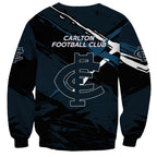 Carlton Football Club Sweatshirt Blues Muscular Mascot Graphic - Abstract Paint Splatter Art