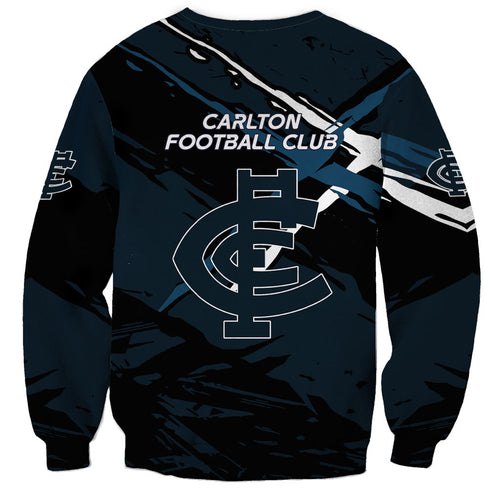 Carlton Football Club Sweatshirt Blues Muscular Mascot Graphic - Abstract Paint Splatter Art
