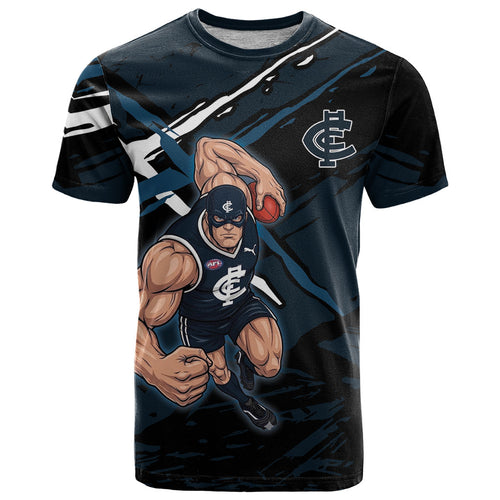 Carlton Football Club T Shirt Blues Muscular Mascot Graphic - Abstract Paint Splatter Art