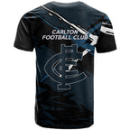 Carlton Football Club T Shirt Blues Muscular Mascot Graphic - Abstract Paint Splatter Art