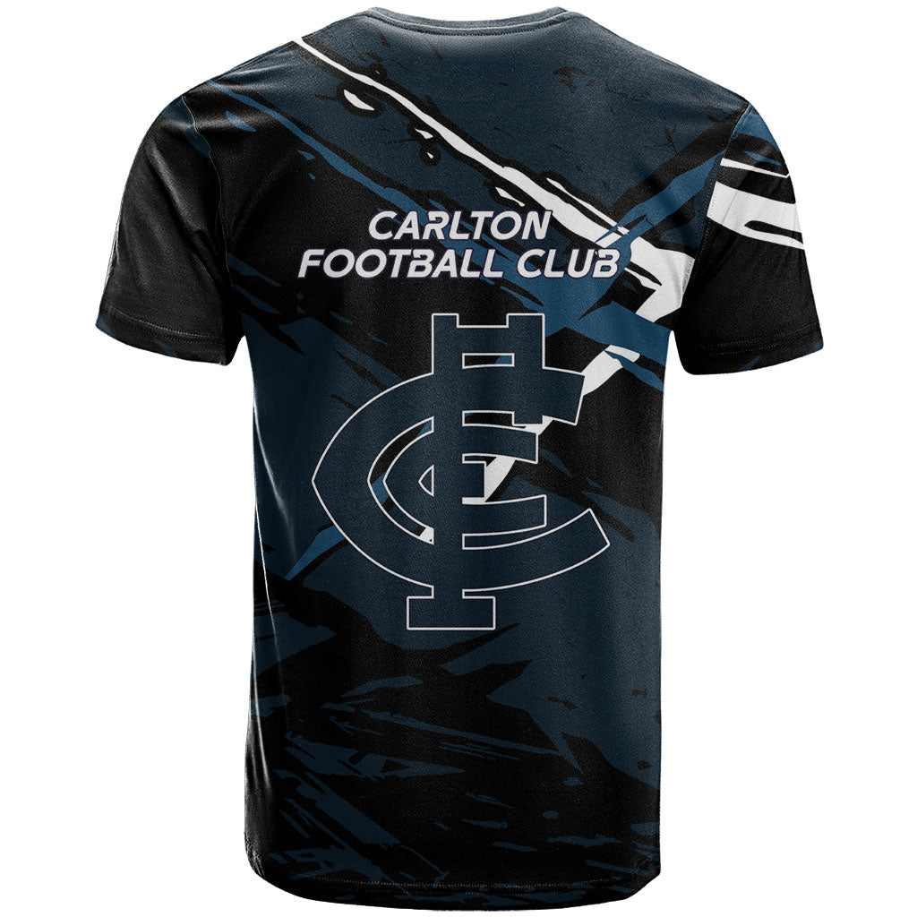 Carlton Football Club T Shirt Blues Muscular Mascot Graphic - Abstract Paint Splatter Art