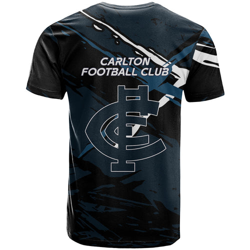 Carlton Football Club T Shirt Blues Muscular Mascot Graphic - Abstract Paint Splatter Art