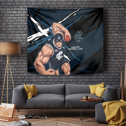 Carlton Football Club Tapestry Blues Muscular Mascot Graphic - Abstract Paint Splatter Art