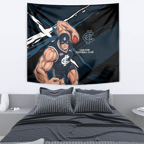 Carlton Football Club Tapestry Blues Muscular Mascot Graphic - Abstract Paint Splatter Art