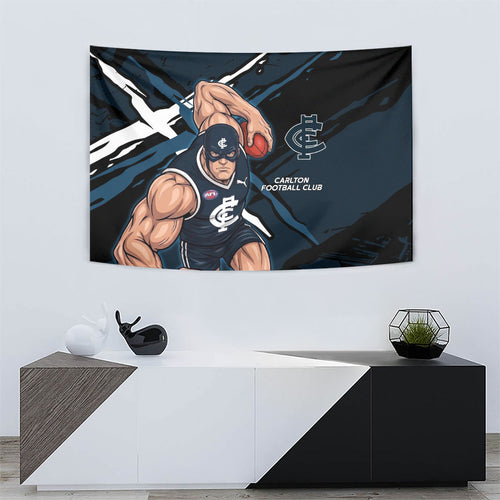 Carlton Football Club Tapestry Blues Muscular Mascot Graphic - Abstract Paint Splatter Art