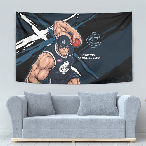 Carlton Football Club Tapestry Blues Muscular Mascot Graphic - Abstract Paint Splatter Art