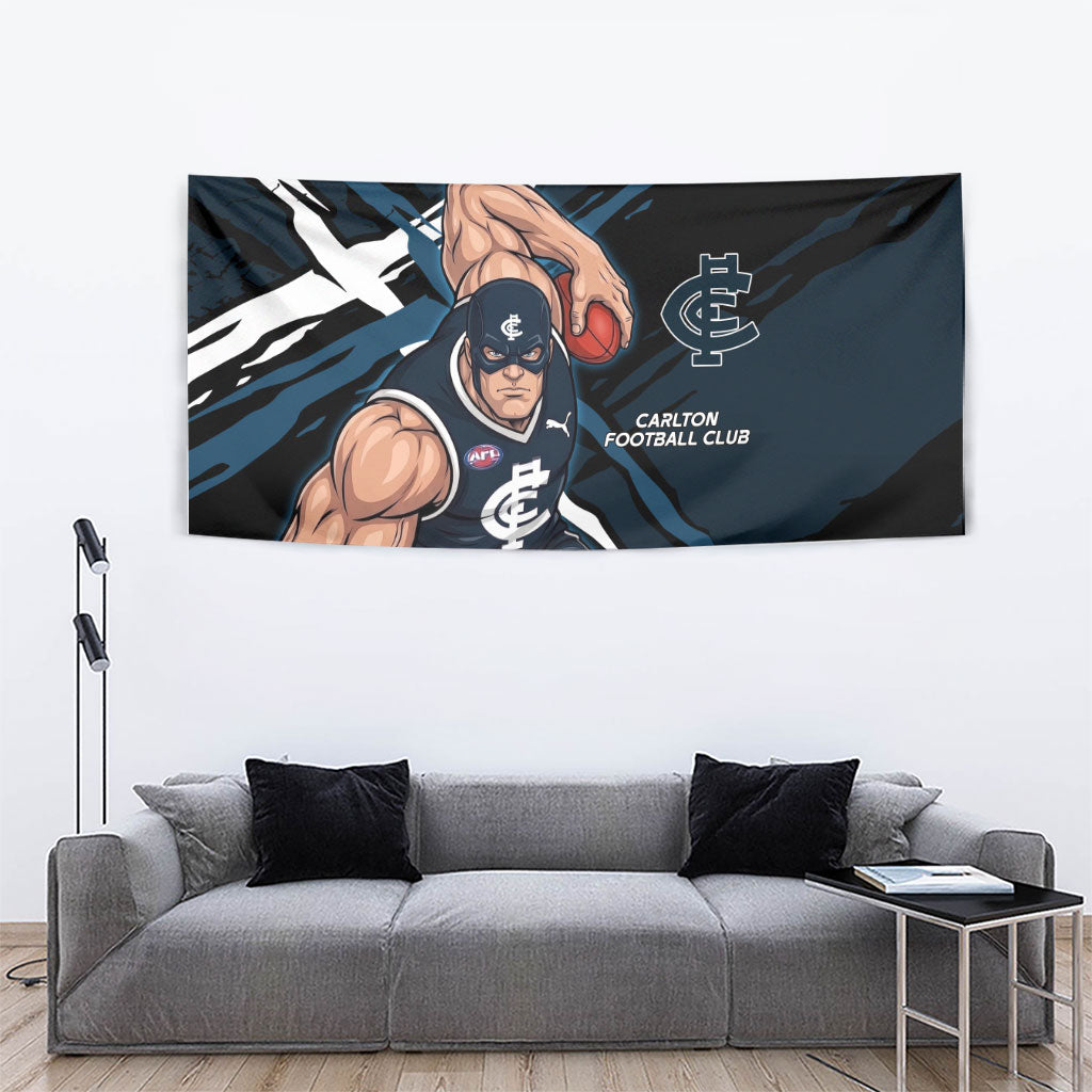 Carlton Football Club Tapestry Blues Muscular Mascot Graphic - Abstract Paint Splatter Art