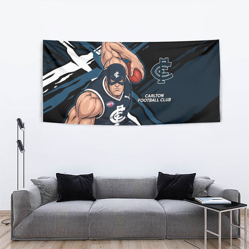 Carlton Football Club Tapestry Blues Muscular Mascot Graphic - Abstract Paint Splatter Art