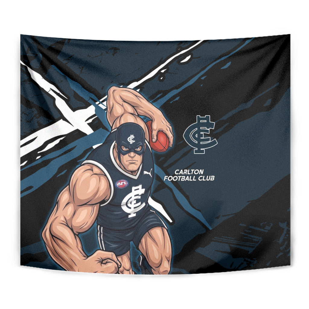 Carlton Football Club Tapestry Blues Muscular Mascot Graphic - Abstract Paint Splatter Art