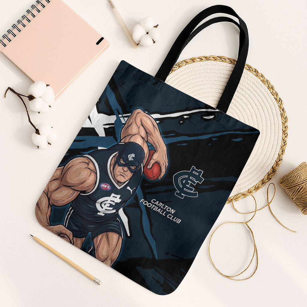 Carlton Football Club Tote Bag Blues Muscular Mascot Graphic - Abstract Paint Splatter Art
