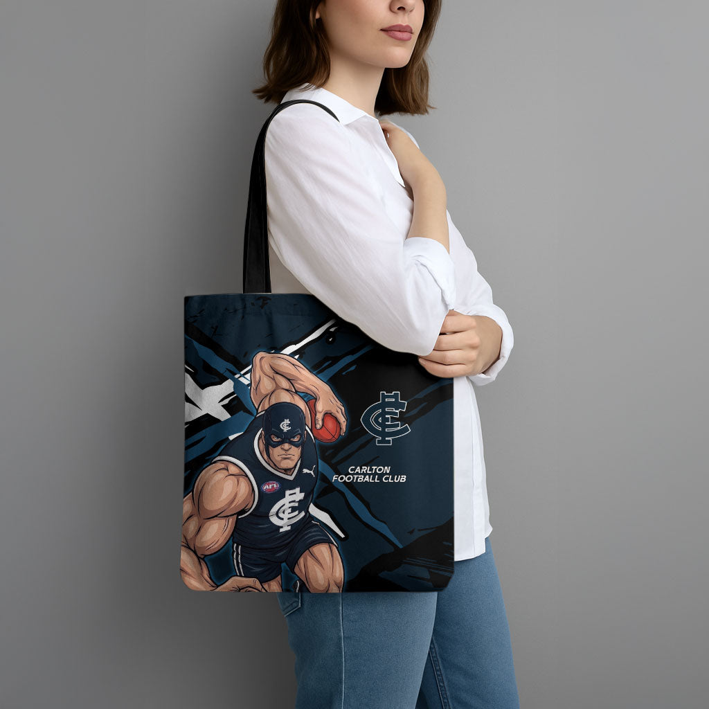 Carlton Football Club Tote Bag Blues Muscular Mascot Graphic - Abstract Paint Splatter Art