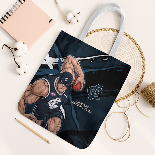 Carlton Football Club Tote Bag Blues Muscular Mascot Graphic - Abstract Paint Splatter Art