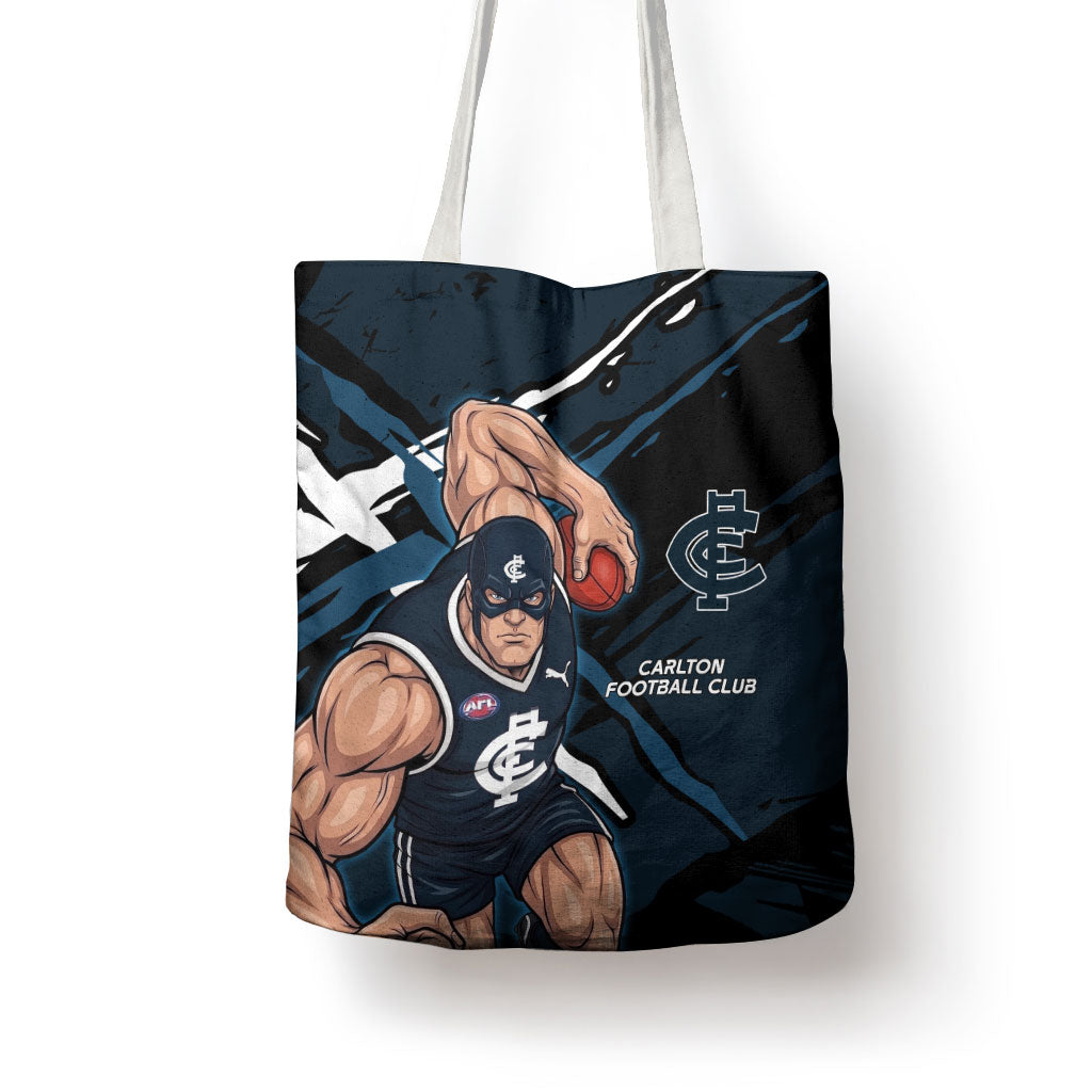 Carlton Football Club Tote Bag Blues Muscular Mascot Graphic - Abstract Paint Splatter Art