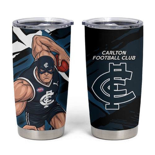 Carlton Football Club Tumbler Cup Blues Muscular Mascot Graphic - Abstract Paint Splatter Art