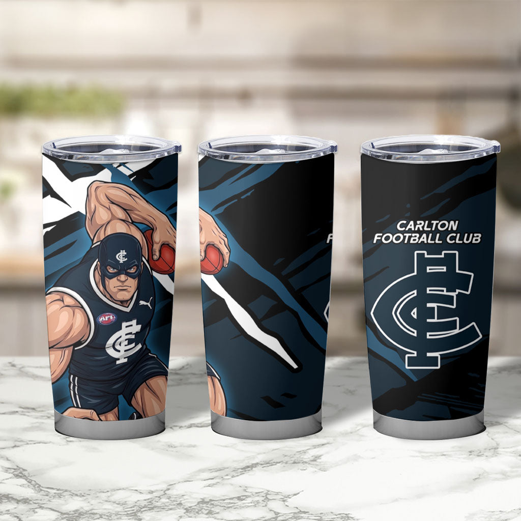 Carlton Football Club Tumbler Cup Blues Muscular Mascot Graphic - Abstract Paint Splatter Art