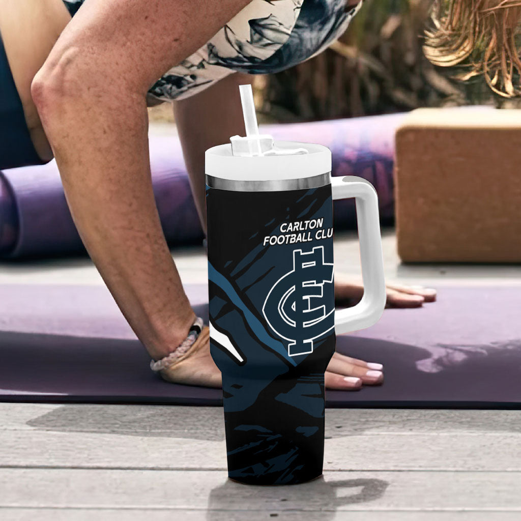 Carlton Football Club Tumbler With Handle Blues Muscular Mascot Graphic - Abstract Paint Splatter Art