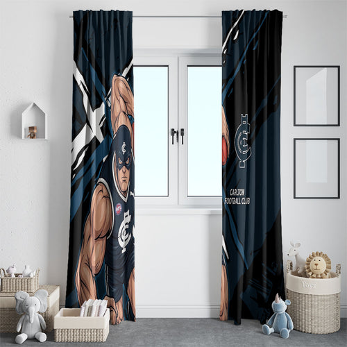 Carlton Football Club Window Curtain Blues Muscular Mascot Graphic - Abstract Paint Splatter Art