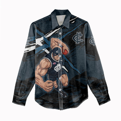 Carlton Football Club Women Casual Shirt Blues Muscular Mascot Graphic - Abstract Paint Splatter Art