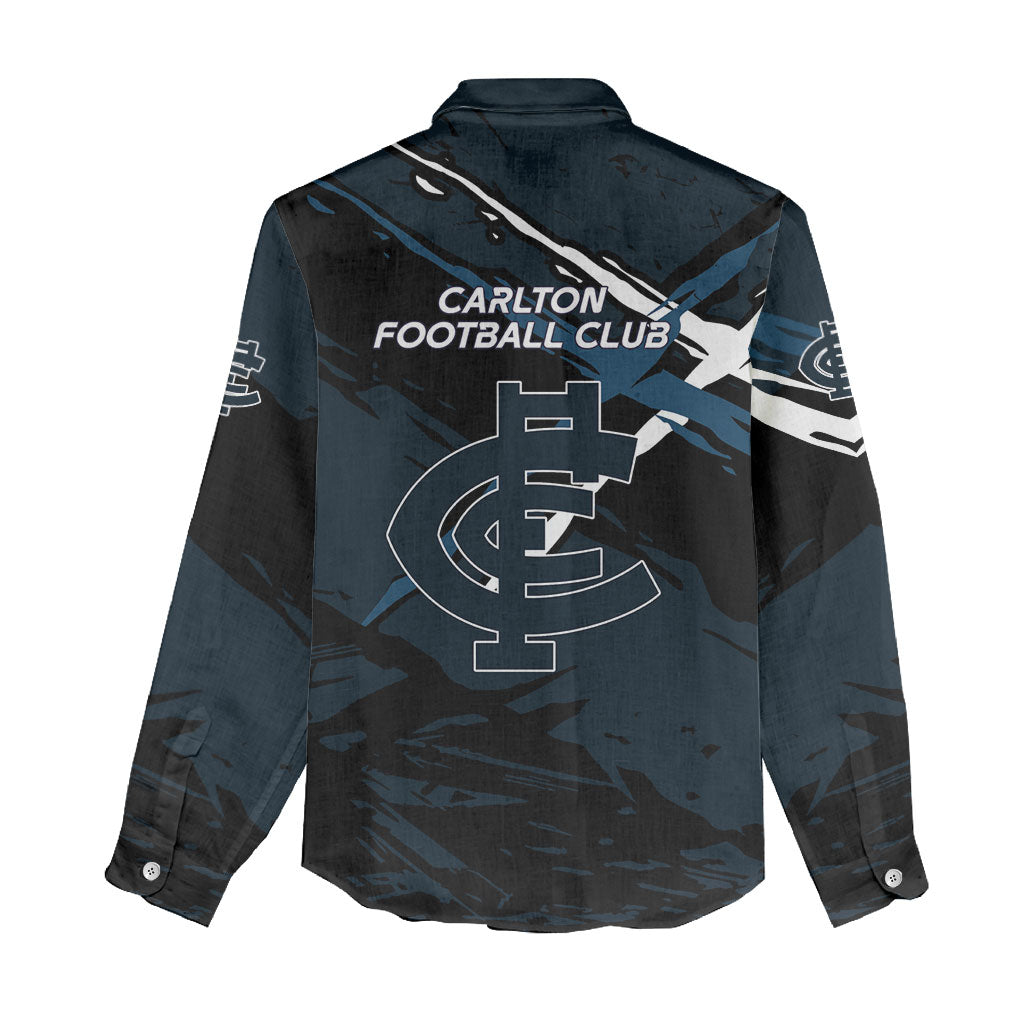 Carlton Football Club Women Casual Shirt Blues Muscular Mascot Graphic - Abstract Paint Splatter Art