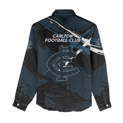 Carlton Football Club Women Casual Shirt Blues Muscular Mascot Graphic - Abstract Paint Splatter Art