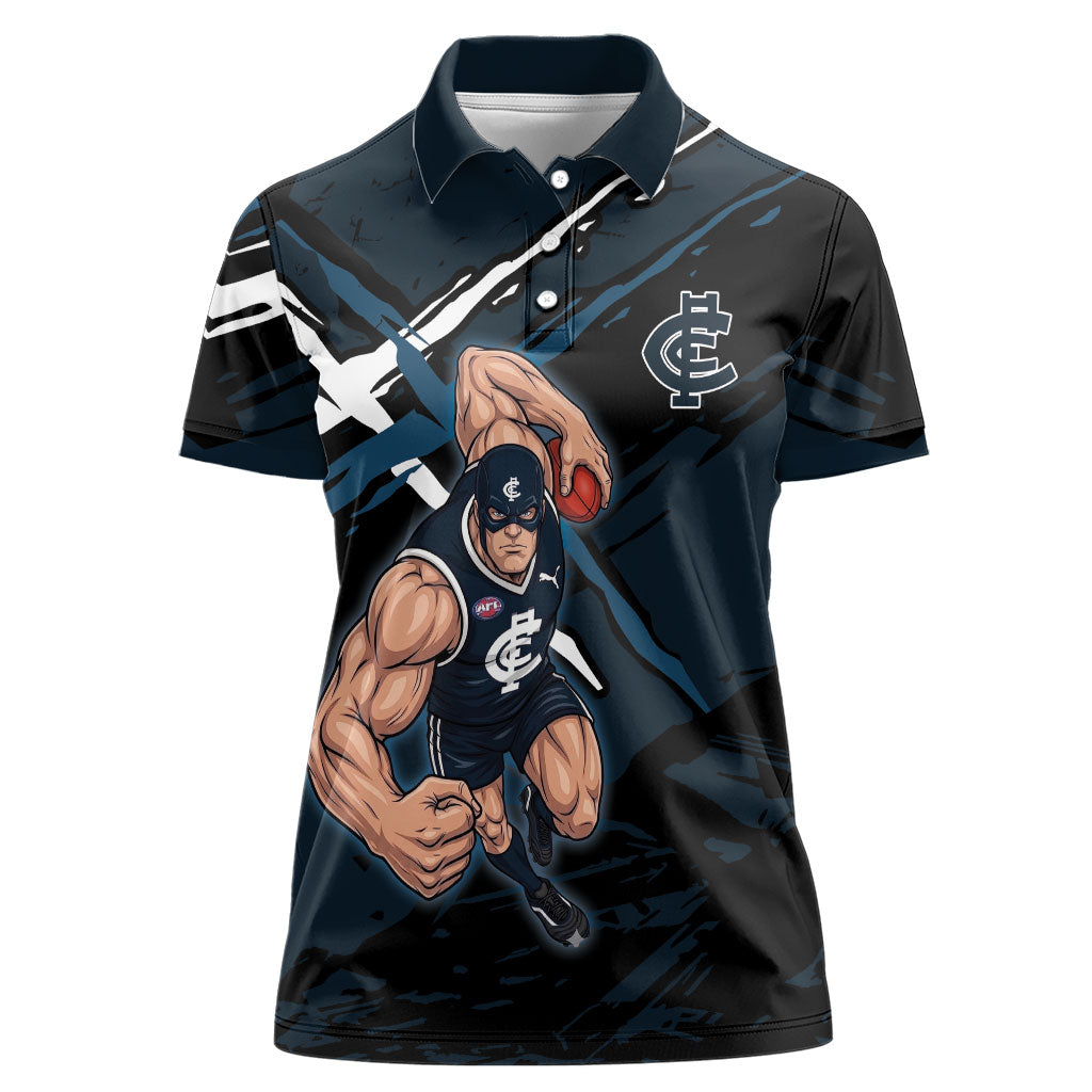 Carlton Football Club Women Polo Shirt Blues Muscular Mascot Graphic - Abstract Paint Splatter Art