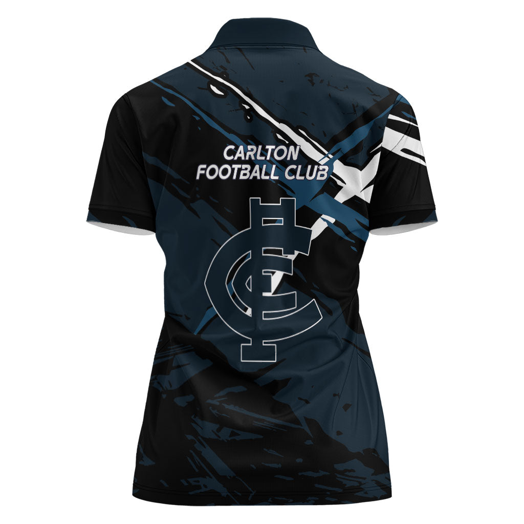 Carlton Football Club Women Polo Shirt Blues Muscular Mascot Graphic - Abstract Paint Splatter Art