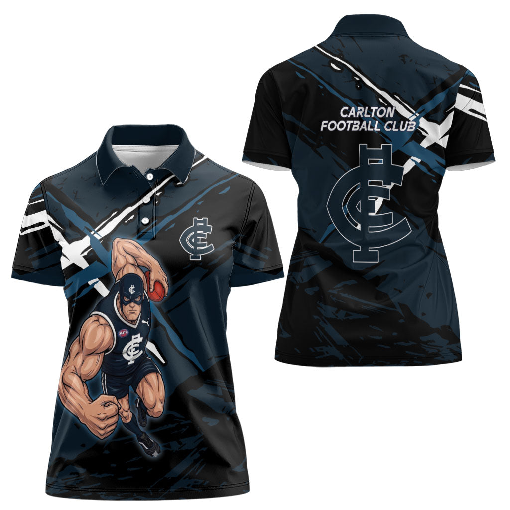 Carlton Football Club Women Polo Shirt Blues Muscular Mascot Graphic - Abstract Paint Splatter Art