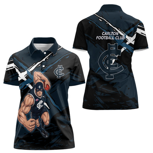 Carlton Football Club Women Polo Shirt Blues Muscular Mascot Graphic - Abstract Paint Splatter Art